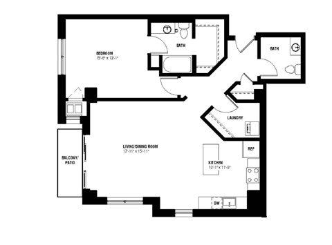 Floor plan for 1 bed, 2 baths, 962 sqft